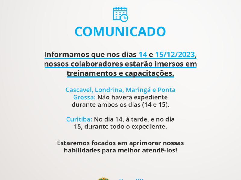 Aviso Importante: Capacitação nos dias 14 e 15/12! | Core PR